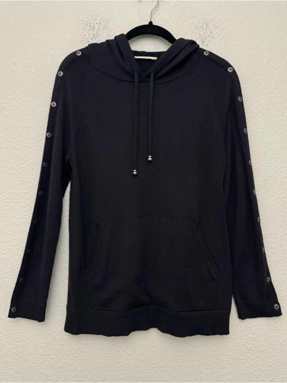 Soft Surroundings Navy Blue Wool Blend Button-Sleeve Hoodie Sweater Size Small